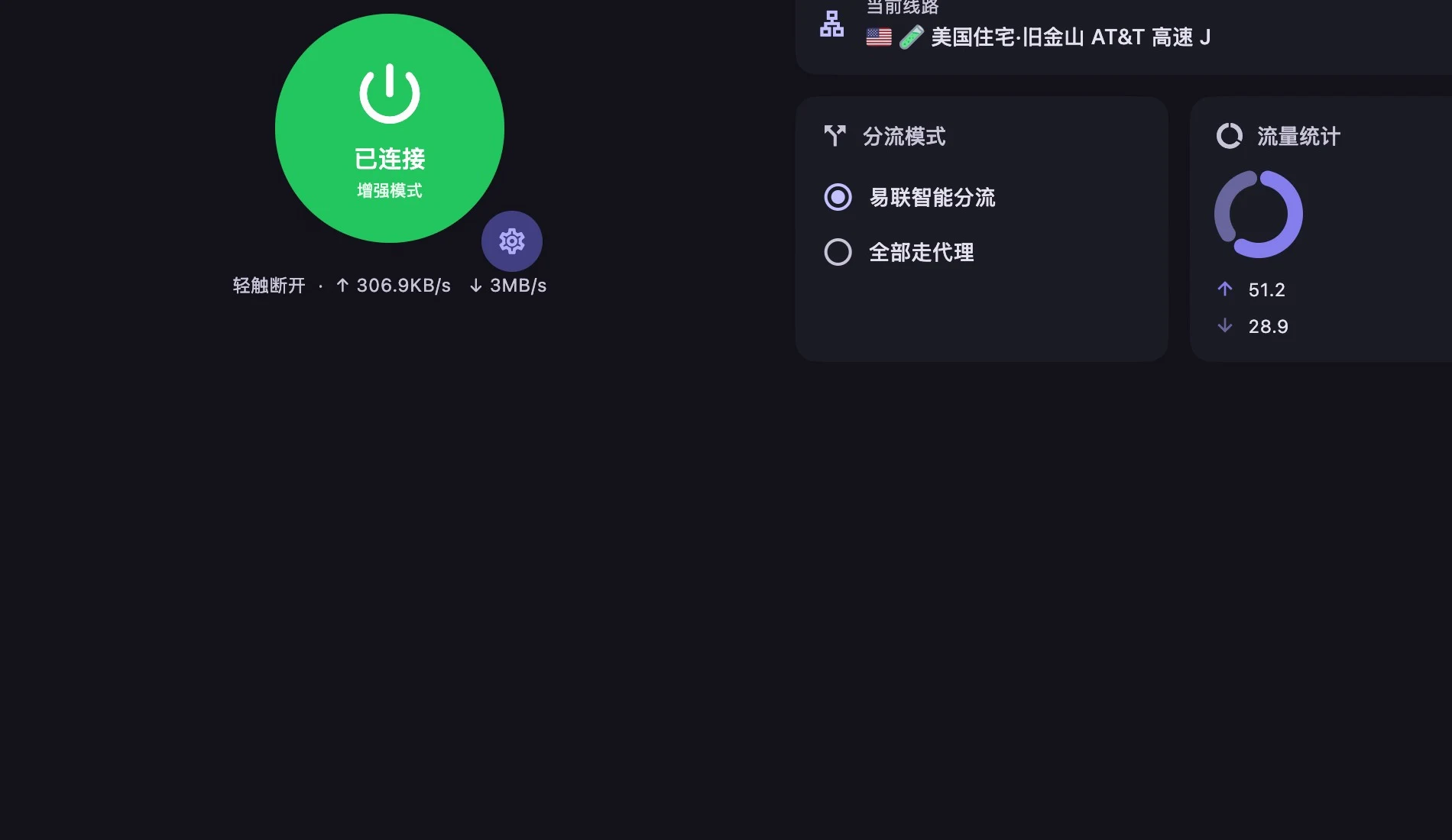 2026年10月23日易聯正式版實拍:客戶端在增強模式下已連接,分流模式選擇易聯智能分流,當前線路為美國住宅 AT&T;公開圖片已裁掉帳戶和個人資訊,畫面內沒有訂閱地址或 token