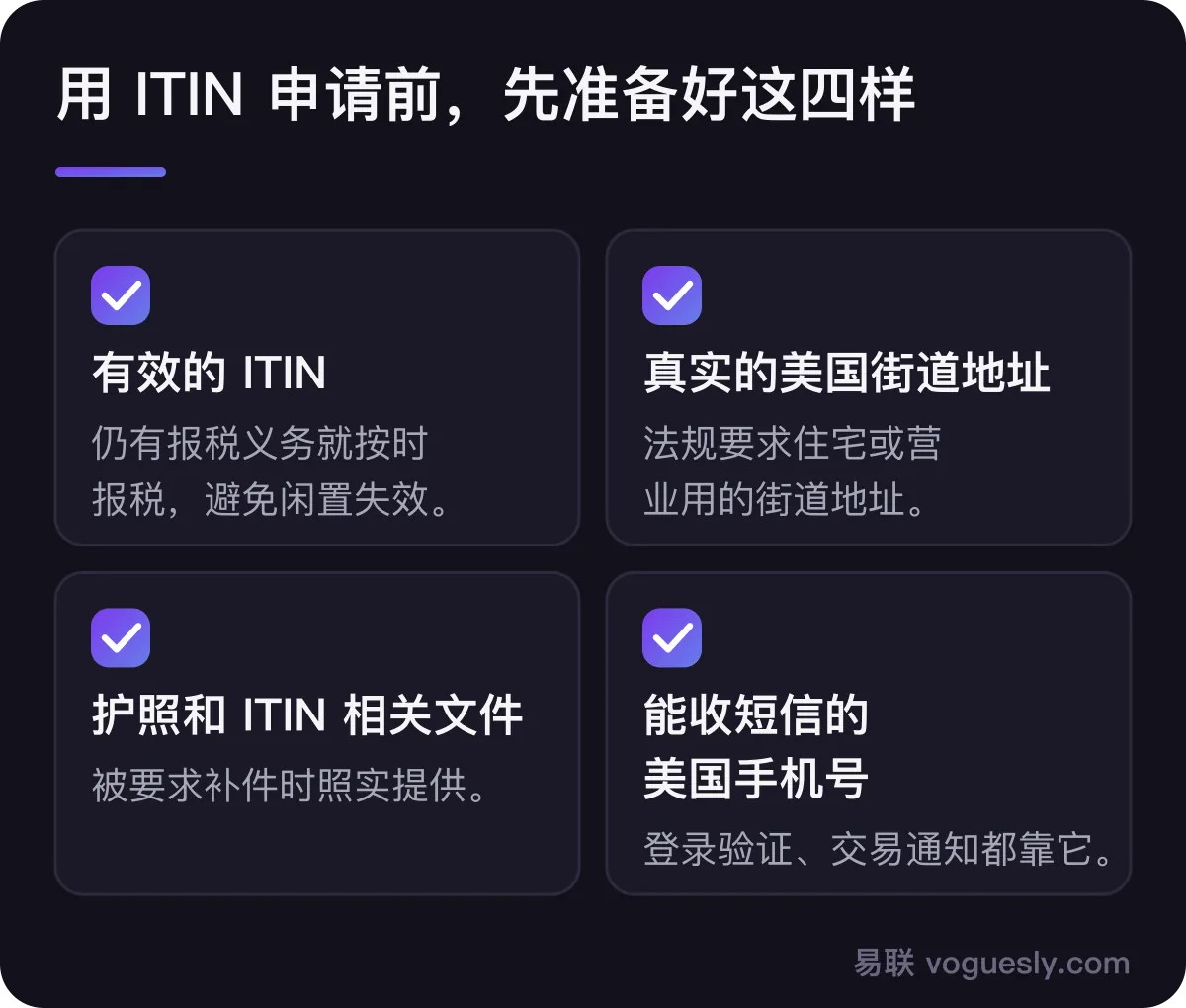 用 ITIN 申请前要准备的四样:有效的 ITIN、真实美国街道地址、护照和 ITIN 相关文件、能收短信的美国手机号