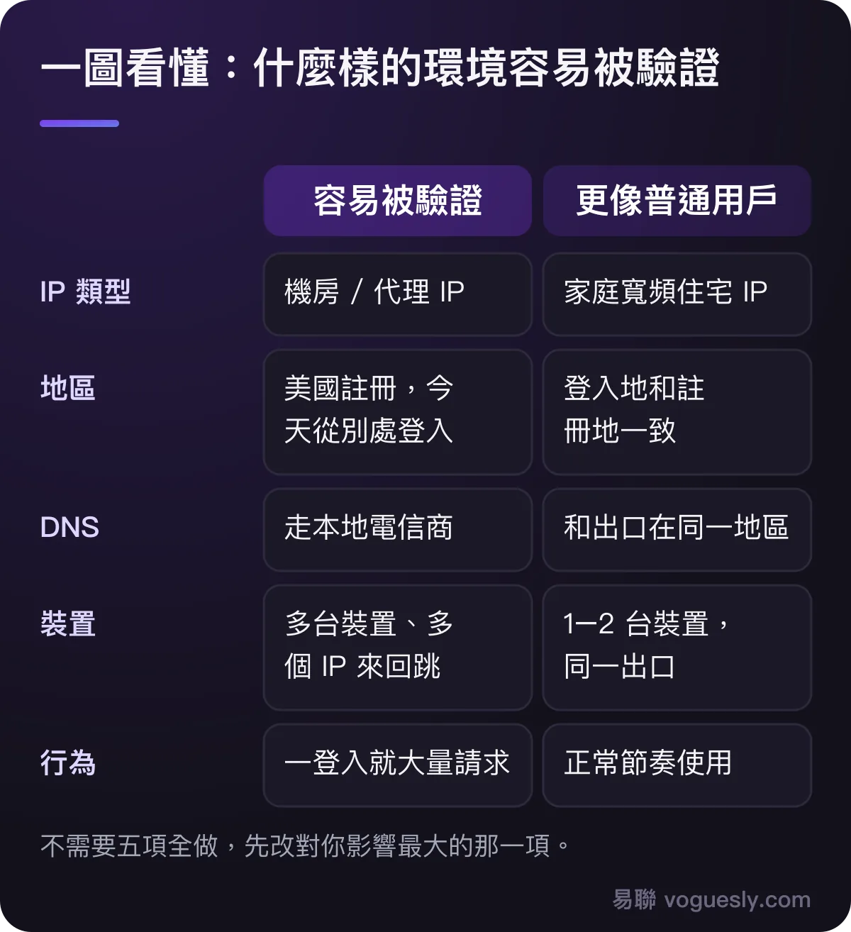 容易被驗證與更像普通用戶的對照：IP 類型、地區、DNS、裝置、行為五項。