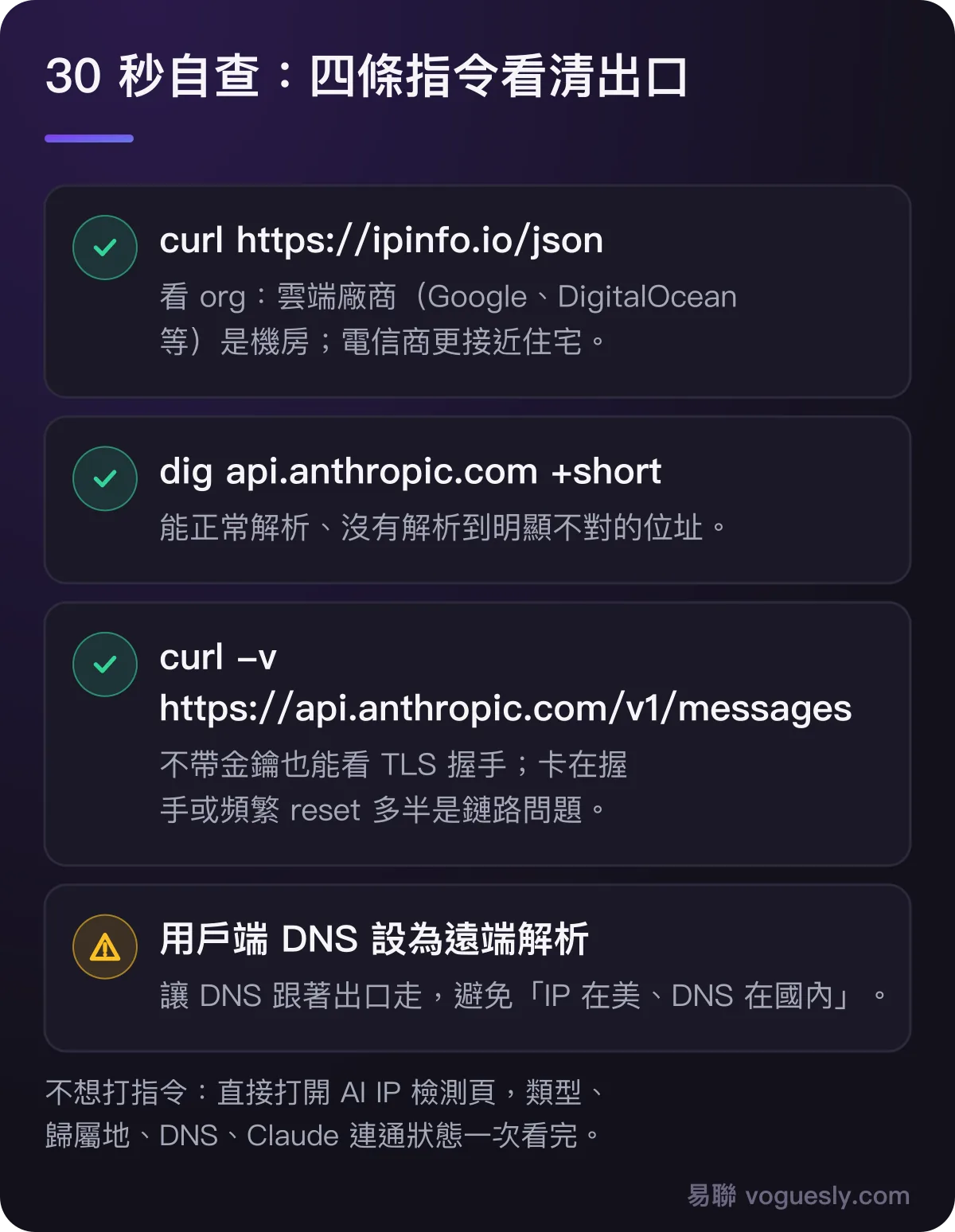 四條自查指令:curl ipinfo 看 org、dig 解析 api.anthropic.com、curl -v 看 TLS 握手、用戶端開啟遠端 DNS。