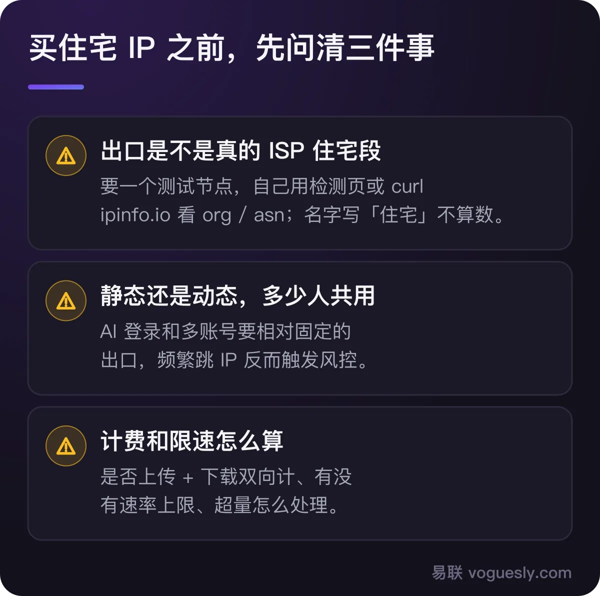 买住宅 IP 前先问清三件事：出口是不是真的 ISP 住宅段、静态还是动态及共享程度、计费和限速怎么算。