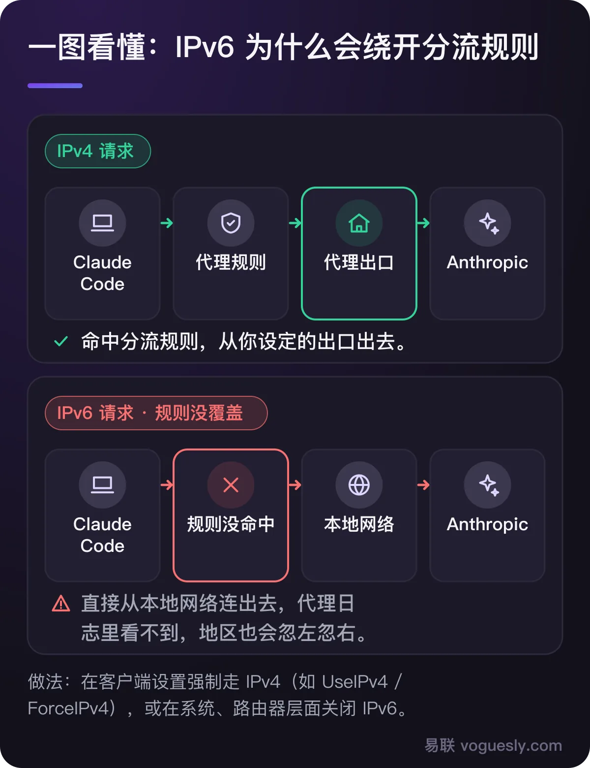 IPv4 请求命中分流规则走代理出口;IPv6 请求没被规则覆盖,直接从本地网络连到 Anthropic。