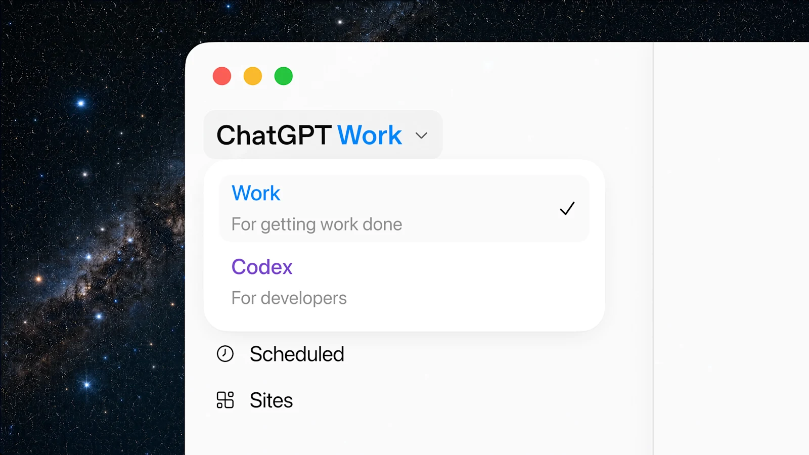 ChatGPT 桌面版 Chat / Work / Codex 模式切换菜单截图